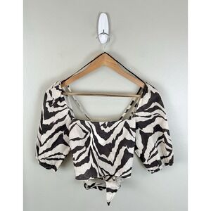 H&M NWT Cropped Top Womens XS Beige Zebra Print Linen Square Neck Open Back